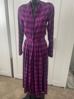 Eileen West Purple and Black Plaid Long Sleeve Button Dress